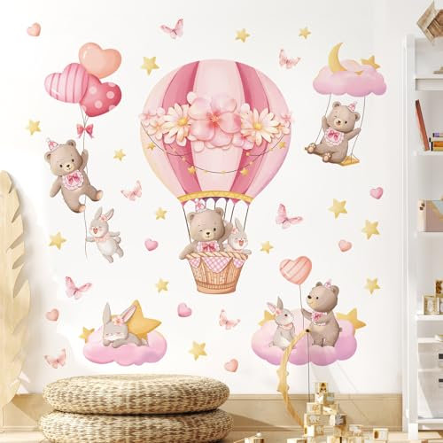 Tanlaby Montgolfière Rose Autocollant Mural Nuages Lapin Ours Stickers Muraux Animaux Forêt Décoration Murale pour Chambre Salon Chambre Enfants Bébé Pépinière Mur TV