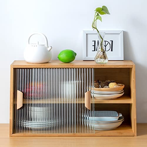 HollyHOME Bamboo Kitchen Cabinets Sideboard with 2 Sliding Glass Doors, Freestanding Storage Dish Glass Cabinet, Countertop Buffet Cabinet Mini Bread Pantry