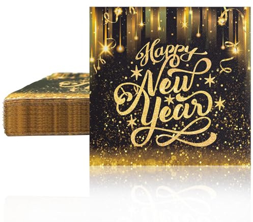 20 Stück Happy New Year Servietten für Neujahr Party Dekoration, Tischdeko, Silvester Schwarz Gold