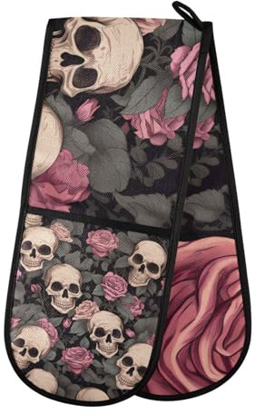 Gants de cuisine double motif tête de mort rose rouge squelette gothique maniques résistants à la chaleur matelassés pour barbecue, pâtisserie, cuisine