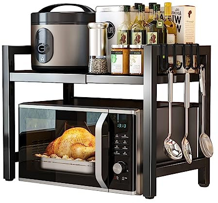 Haipky 2-Tier Adjustable Microwave Oven Rack, Expandable Kitchen Countertop Shelf with 6 Hooks, Metal Baker Rack, Space-Saving Kitchen Organizer, Black