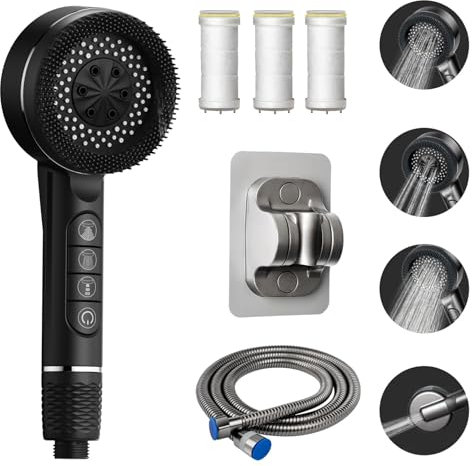 Pommeau de Douche Haute Pression, Pommeau de Duche Economie Deau avec Tuyau Douche 1.5M et Support de Douche, Pommeau Douche Anti Calcaire avec Filtre 4 Types de Jets avec Bouton D'arrêt D'eau