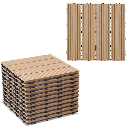 Gimisgu WPC Terrassenfliesen, 30x30cm WPC Fliesen 66er Set für 6 m² Balkonfliesen Klickfliesen mit Klick-System, Bodenbelag für Balkon Terrasse, Wetterfest mit Drainage, Teak