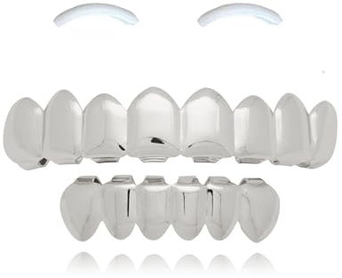 SSyang 18K Hip Hop Teeth Grills für den Mund, Zahnspange Dekoration, mit 2 Silikonformleisten, Hip Hop Teeth Grills für Mouth Top Bottom, für Musikfestivalpartys, Hip-Hop-Rapper(Silber)