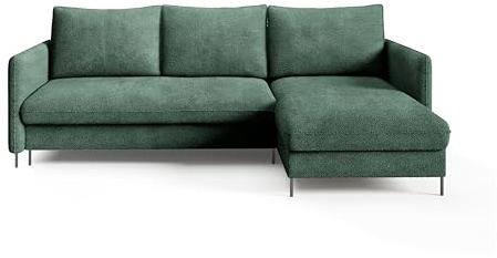 Sofello BELIS Ecksofa mit Schlaffunktion L-förm Liegefläche: 201 x 150 cm Boucle-Velours-Stoff Sofa 3-Sitzer Ecksofa mit Schlaffunktion und Bettkasten (abriamo 09 - grün)