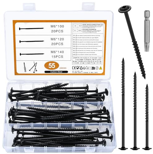 55 Pz M6 Set diViti per Legno, Torx Viti a Testa Piatta Torx, Vite a Testa a Stellata con Testa Larga Bombata, Viti Autofilettanti per Terrazze Carpenteria (55PCS/M6 Nero)