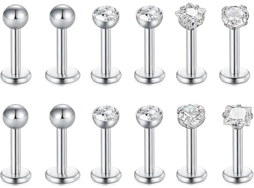 Syylqyr 12 Pcs Jewellery Tragus Earrings Set, Helix Lip Piercing Jewellery, Gold Cartilage Earrings Studs, Internal Thread Helix Lip Piercing Jewellery Flat Back Earring