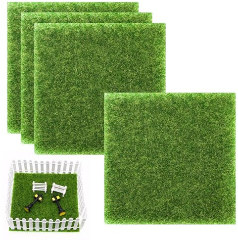 4 PCS Model Grass, 15 x 15cm Life-Like Fairy Artificial Grass Mat, Artificial Garden Grasses, Miniature Garden Ornament Dollhouse Decoration Artificial turf for Modelling, Dolls House, Toy Farm