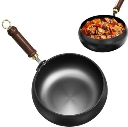 Siuwddee Chinesischer Handgefertigter Wok,28 Cm Durchmesser Antihaft Tiefe Bratpfanne Mit Deckel Und Holzgriff, Bratpfanne Aus Gusseisen Keine Beschichtung Für Gasherd Und Induktionsherd