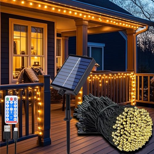 Hopelit Solar Lichterkette Aussen 30m Warmweiß, Lichterkette Außen Solar mit Fernbedienung & Timer, 8 Modi Lichterkette Weihnachtsbaum Wasserdicht Für Garten Deko Balkon Deko - 4 Stück