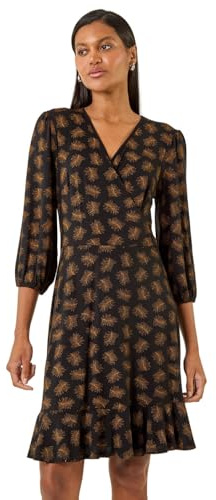 Roman Wrap Tea Dress for Women UK Ladies Fit Flare Skater Swing Stretch Frill Long & Short Sleeve Evening Cocktail Party Work Office Smart Casual Knee Length - Bronze - Size 20