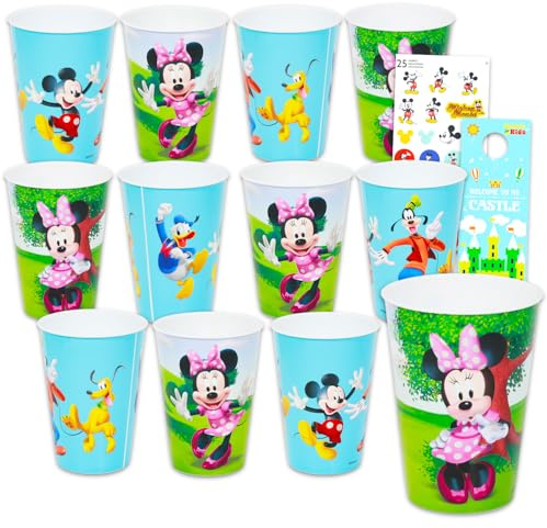 Disney Minnie and Minnie Reusable Tumbler Cup 12 Pack Party Favor Bundle with 15 Oz Cups Plus Stickers, More | MIckey and Minnie Mouse Water Tumblers Set