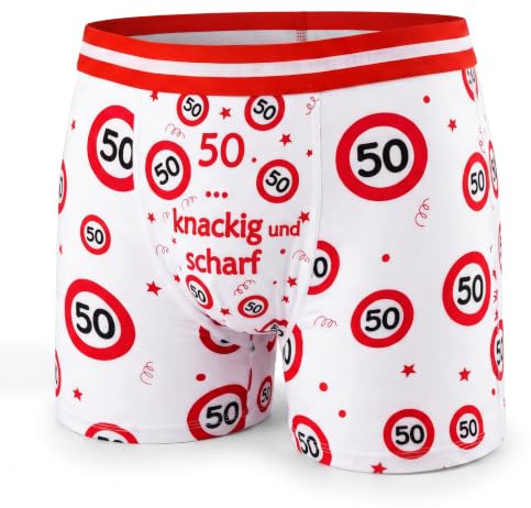 Tiwoca Boxers pour 50e anniversaire - Design rouge et blanc avec panneaux de signalisation numéro 50 et inscription - Décoration d'anniversaire insolite et surprise amusante pour fête et célébration