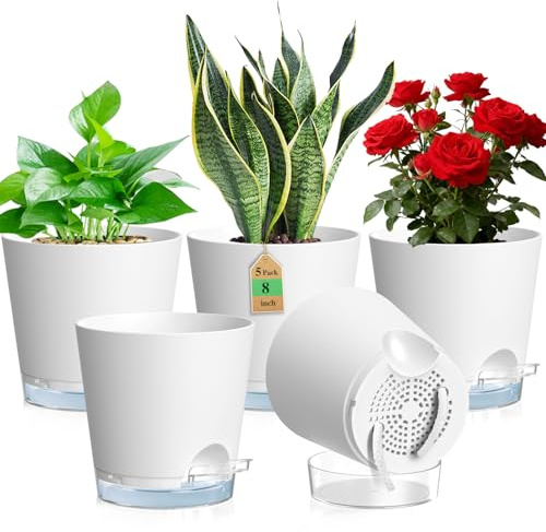 WSMKSZ 20cm Selbstbewässerungstopf, 5er Set Kunststoff Blumentöpfe, Weiß | Pflanztöpfe mit Abflusslöchern & Transparentem Untersetzer, Sichtbarem Wasserstand, mit Baumwolldocht für Innen Außen
