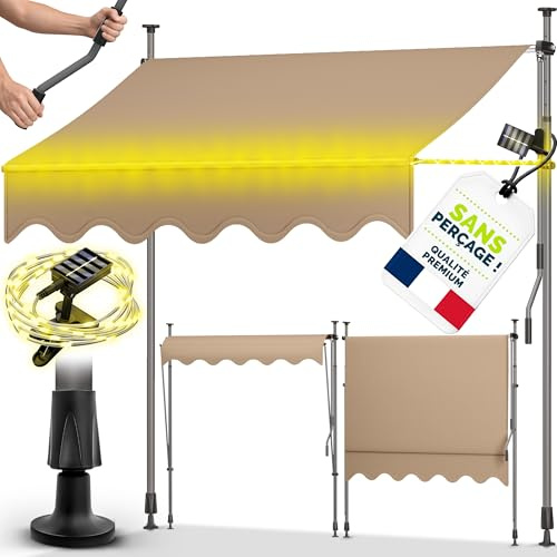 tillvex Store Banne Manuel rétractable avec manivelle pour Le Balcon | Marquise de terrasse sans percement | Marquise Soleil de Balcon auvent téléscopique (Taupe avec LED, 350cm)