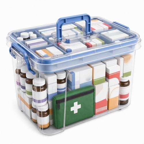 Stidyzo Medicine Storage Box, Large Storage Boxes with Lid, Blue | 2-Layer Multi Grid Medicine Container, Stackable First Aid Box See-Through for Home, Office, School