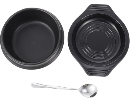 1 Satz Bibimbap Topf mit Tablett und Löffel Keramik 1100ml | Schwarze Ausführung, Hitzebeständig, ein Stück Glatt Innen, für Tischservice, Küche