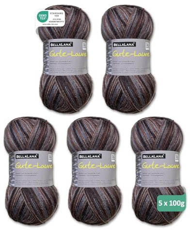 BellaLana Gute-Laune Sockenwolle 4-fädig, Farbverlauf, 5x100gr, Braunblau | 4-fädiges Sockengarn zum Stricken & Häkeln - superwash Schurwolle & Polyamid, weich, formstabil & strapazierfähig