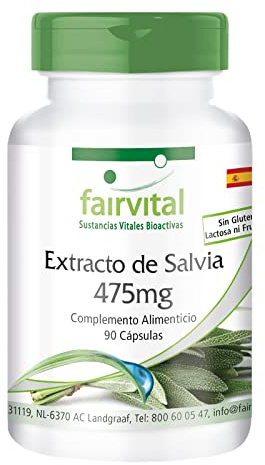 fairvital Salbei-Extrakt 475mg Kapseln, 90 Kapseln, HOCHDOSIERT, 1425mg Salbei-Extrakt pro Tagesdosis, 2% essentielle Öle, Salvia officinalis, VEGAN