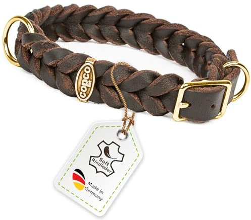 CopcoPet Hundehalsband aus Fettleder 40–44 cm x 20mm Braun – Geflochtenes Lederhalsband – Messing mit Dornschließe – Robust & verstellbar – Für mittelgroße Hunde, ideal für Alltag & Training