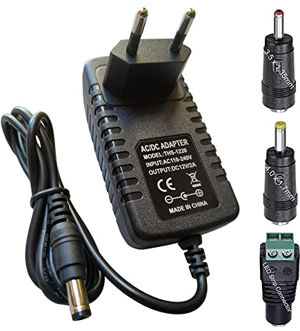 DZYDZR AC/DC Adaptador Fuente de Alimentación DC 12V 2A Adaptador de Corriente Enchufe de Pared 2,1/2,5mm x 5,5mm y 3 Conectores de Cable de CC Hembra de 12V