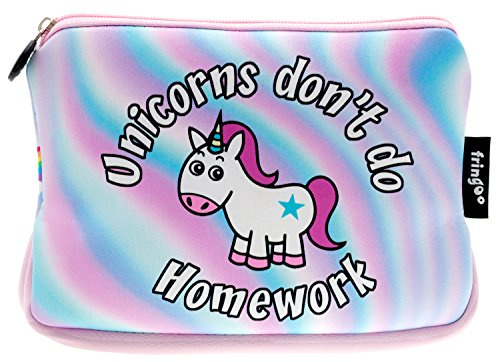 Fringoo® Girls Boys Pencil Case Large Stationery Pouch Funny Cute Kids Unicorn Neoprene Zipper Closure School Accessories Pen Box 22 x 15 cm (Unicorn Homework - Neoprene Pencil Case)