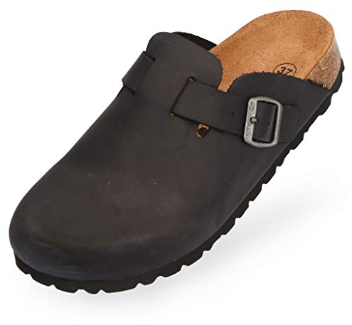 BOnova Wesel: Lederpantoffel schwarz in Größe 43. Hausschuhe aus Echtleder (Nubuk), mit Kork-Fußbett, hergestellt in der EU.