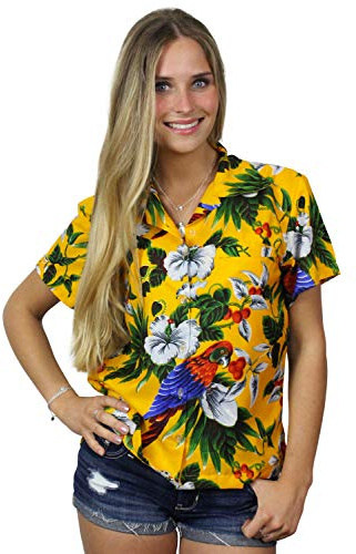 King Kameha Funky Hawaii-Bluse-Hemd, Damen, Kurzarm, Cherry-Parrot, Gelb, L