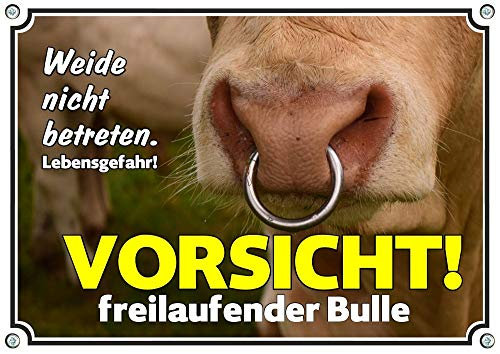 Petsigns Warnschild aus Metall - uv-beständig - FREILAUFENDER BULLE - Bullenweide, DIN A5
