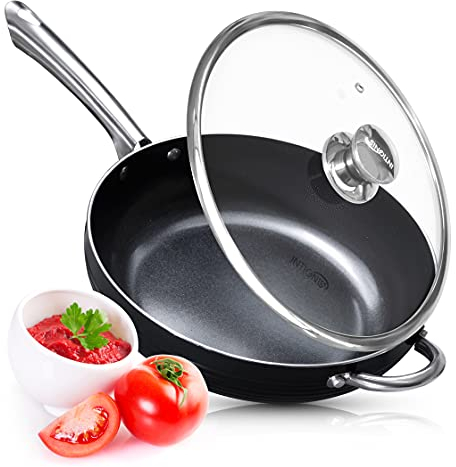 Frying Pan with Lid Non Stick Deep Sauté Pan, Stainless Steel Induction Base for All Hobs Ceramic Ovenproof Dishwasher Safe (Black, 28 CM)