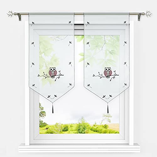 HeichkelL Voile Scheibengardinen Eule Muster Transparente Bestickte Bistrogardine mit Quaste Fenster Gardinen Tunnelzug Panneaux Kurzstores Grau BxH 60x120 cm 2 Stück