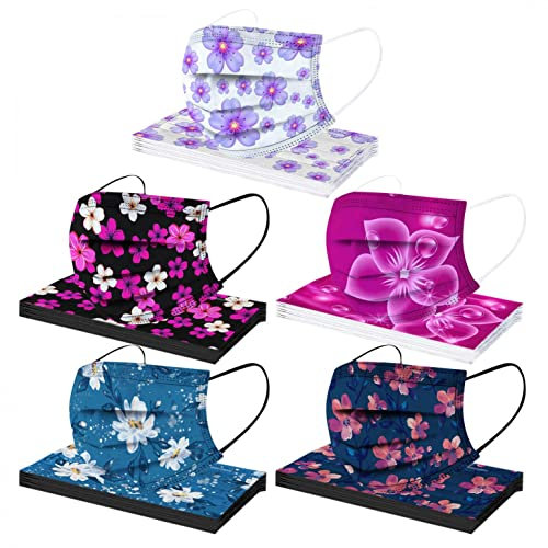 MEIYOUMK 50 Stück Erwachsene Mundschutz Einweg Blumen Druck Mund und Nasenschutz Halstuch Masken Bunt Motiv 3-lagig MNS Mund-Tuch Staubdicht Atmungsaktiv Tücher Bandana Schals für Männer Frauen
