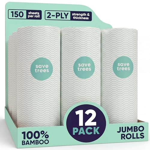 Save Trees Toallas de papel de bambú, 12 unidades, 1800 hojas, rollos de toallas de papel blanqueadas, ultra absorbentes y duraderas, ecológicas, certificado FSC, toallas de papel de bambú sin cloro