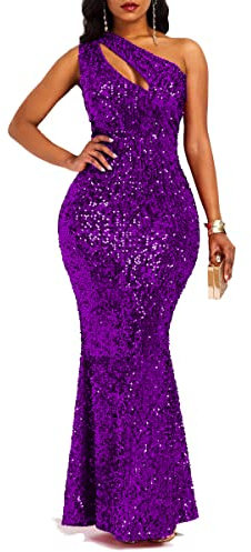 VERWIN Robe moulante sans manches à col oblique sirène à paillettes pour femme, violet, XX-Large