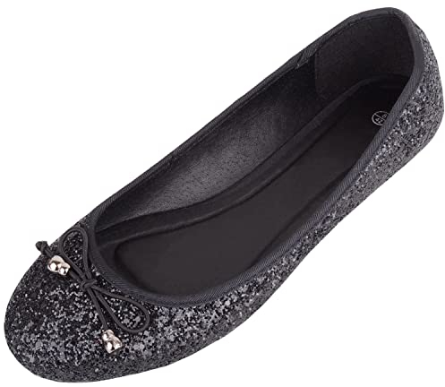 Womens Slip On Casual Party Glittery Ballerina Style Pumps Dolly Shoes - Black - UK 6 / EU 39