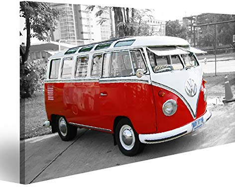 Bild auf Leinwand Roter Bus T1 vor Schwarz Weiß Hintergrund Wandbild Poster Kunstdruck Bilder 80x40cm