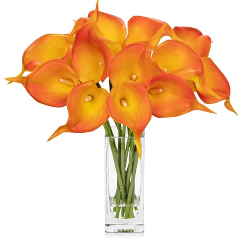 Hollyone 12 pcs Artificial Calla Lilies with Glass Vase Realistic Fake Flowers, Real Touch Orange Faux Flowers in Vase for Home, Living Room, Wedding, Centerpiece, Office, Party Decorations
