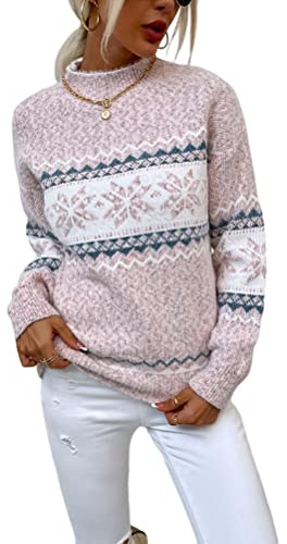 shownicer Pull Noël Femme Col Rond À La Mode Hiver Chaud Laine Jacquard Tricot À Manche Longue Pullover Chic Et Elegant Imprimé Flocon De Neige De NoëL
