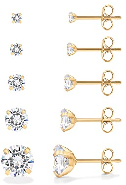 PAVOI Waterproof Five Pairs Stud Earrings for Women - 14K Yellow Gold Plated Stainless Steel Pack of 5 Cubic Zirconia Earrings for Men and Women - Hypoallergenic Premium CZ Studs Set