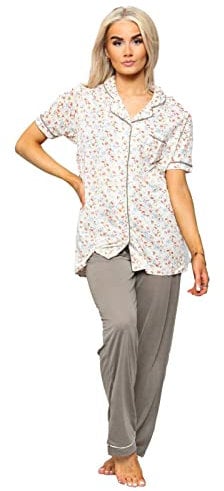 Ex High Street Brand Floral Print Cotton Pyjamas for Women UK, Ladies Short Sleeve Loungewear Pjs Nightwear Khaki