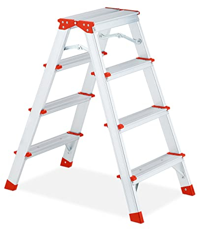 Relaxdays Escabeau Pliable, 4 marches, Aluminium, Jusqu’à 120 kg, HxLxP: 80 x 42,5 x 63,5 cm, 2 côtés, argenté - Rouge