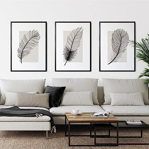 HTWLMM Leinwand Bilder Abstrakte Schwarz-Weiß Feder Nordische Poster Kunstdruck Wandbilder für Wohnzimmer Schlafzimmer Deko Rahmenlos (3X30X40CM)