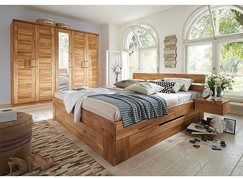 Lomadox Schlafzimmer Set 180x200 cm Ehebett Bett Set mit 5-türigem Massivholz Kleiderschrank Schrank mit Spiegel in Wildeiche massiv