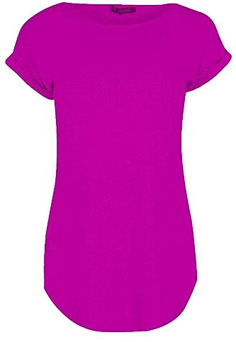 Ladies Curved Hem Jersey Plain Top Womans Round Neck Turn Up Cap Sleeve T Shirt (14, Cerise)