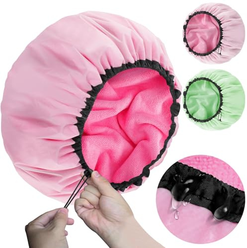 Sheomern Duschhaube, 2 Stück, 34,3 cm, doppeltes wasserdichtes Design, verstellbare Frottee-Duschhaube für Damen und Herren, EVA, doppellagig, wiederverwendbar, für Zöpfe, lange Haare, Dreadlocks