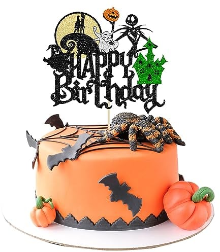 Gyufise 1 pieza de decoración para tarta de cumpleaños de Halloween con purpurina Jack y Sally, calabaza, murciélago, castillo, fantasma, palillo de pastel de Halloween para Halloween, baby shower,