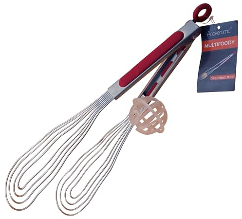 Multifoody® - 3 in 1 Küchenzange, Pfannenwender und Schneebesen mit flexiblen Greifzangen aus rostfreiem Edelstahl (Rot)