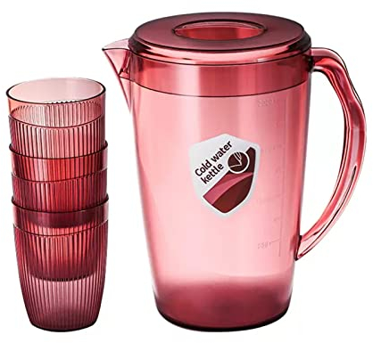 Brocca In Plastica Con 3 Tazze, Brocca Per Acqua Con Coperchio, Brocca Per Tè Freddo, Caraffa Per l'acqua, Brocca Per Barattoli, Brocca Per l'acqua,Rosso,1.8L