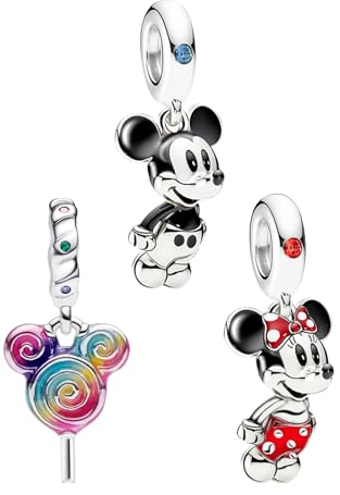 H.ZHENYUE Anhänger Charms 925 Sterling Silber Couple Mouse Lollipop with Zirconia für Europäische Armbänder und Halskette,Schmuck Geschenk für Weihnachten,Valentinstag,Muttertag Pack von 3 Damen
