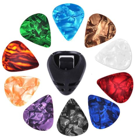 Fiorky Gitarren-Picks-Halter und 10-teiliges buntes Gitarren-Picks- und Plektrum-Halter-Set, Ukulelen-Picks, Akustikgitarren-Picks, Multifunktions-Zelluloid (zufällige Farbe)